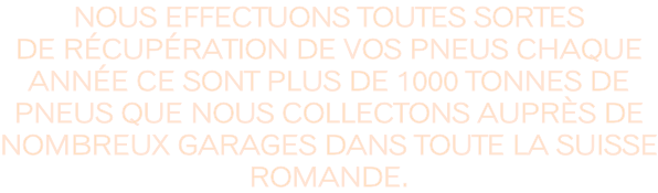 Nous effectuons toutes sortes de rÉCUPÉRATION de vos pneus Chaque année ce sont plus de 1000 tonnes de pneus que nous collectons auprès de nombreux garages dans toute la Suisse romande.